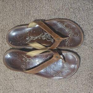 Olukai Brown Leather Flip Flops